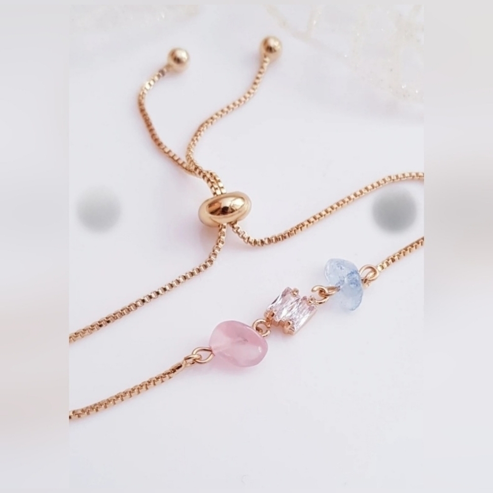 NWOT | Women's Rose Quartz, Aquamarine & CZ Crystal Bracelet | 18K Gold Plated - Picture 2 of 8